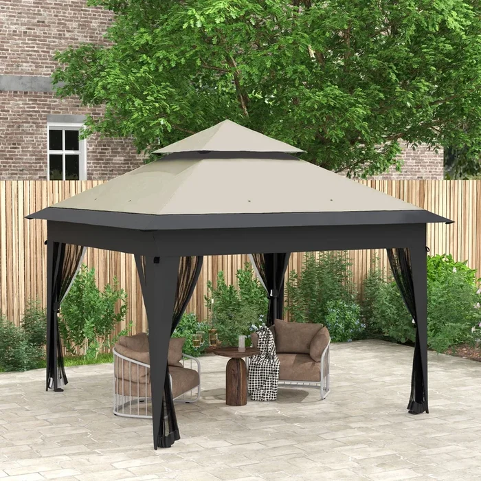 Outsunny 3 x 3(m) Pop Up Gazebo with Mosquito Netting, 1 Person Easy up Marquee Party Tent with 1-Button Push, Double Roof, Carry Bag, Sandbags, Height Adjustable Instant Shelter, Grey