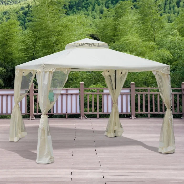 Outsunny 3 x 3 Meter Metal Gazebo Garden Outdoor 2-tier Roof Marquee Party Tent Canopy Pavillion Patio Shelter with Netting – Cream White