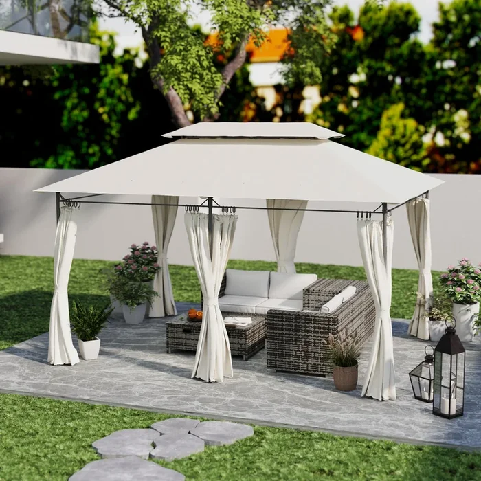 Outsunny 3 x 4m Metal Frame, Two-Tier Roof Gazebo – Cream White