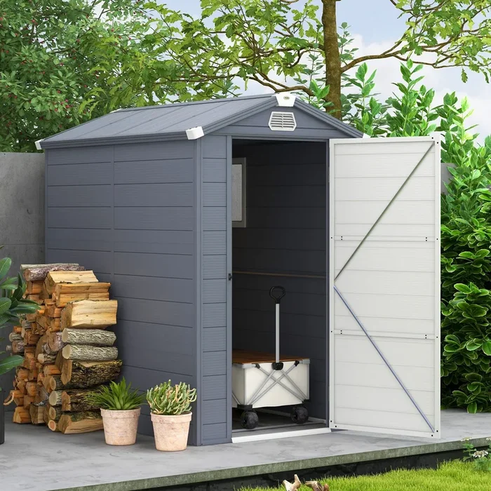 Outsunny 4.4ft x 6.2ft Aluminium Frame and Plastic Wall Shed, with Foundation – Grey
