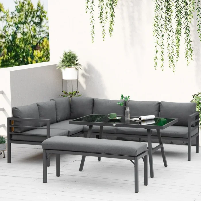 Outsunny 4 Piece L-shaped Garden Furniture Set 8-Seater Aluminium Outdoor Dining Set Conversation Sofa Set with Bench, Dining Table & Cushions, Grey