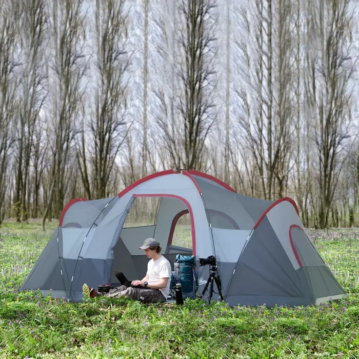 Outsunny 5-6 Man Dome Camping Tent Hiking Shelter UV Protection Water Resistant Tunnel Sun Shade – Grey