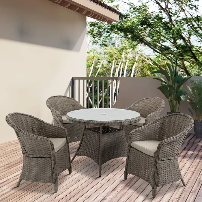 Outsunny 5 Pieces Outdoor Patio PE Rattan Dining Set, Four Seater Garden Furniture – 4 Chairs & Round Table with Umbrella Hole, Mixed Grey