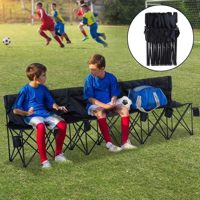 Outsunny 6 Seater Folding Sports Bench Outdoor Picnic Camping Portable Spectator Chair Steel Frame withCup Holder & Carry Bag – Black