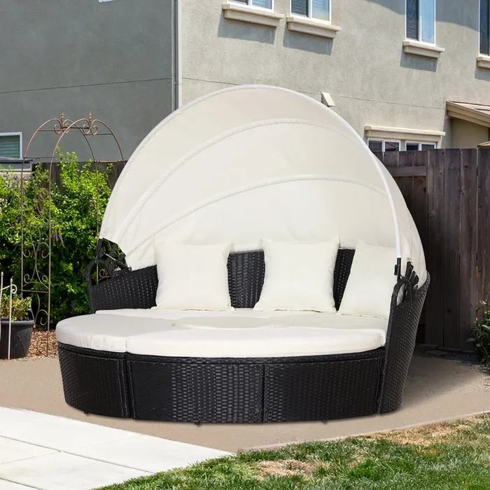 Outsunny 6-Seater Rattan Garden Furniture Cushioned Wicker Round Sofa Bed with Coffee Table Patio Conversation Furniture Set – Black