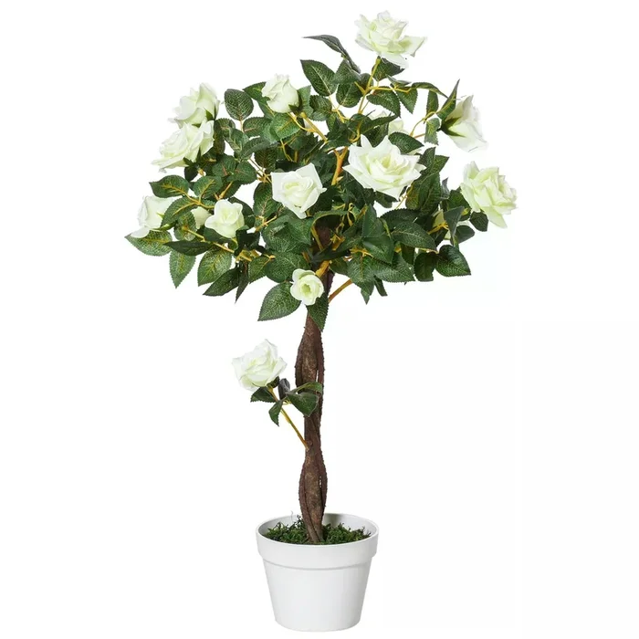 Outsunny 90cm/3FT Artificial Rose Tree Fake Decorative Plant with 21 Flowers Pot Indoor Outdoor Faux Decoration Home Office Decor White & Green