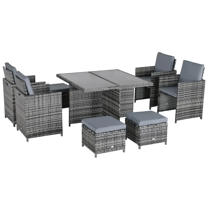 Outsunny 9PC Rattan Dining Set Garden Furniture 8-seater Wicker Outdoor Dining Set Chairs + Footrest + Table Thick Cushion – Grey