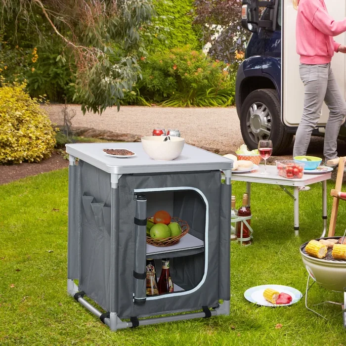 Outsunny Aluminum Camping Cupboard Camping Kitchen Station Cook Table with 3-Shelf, Storage Organiser for BBQ Party Picnics with Carrying Bag