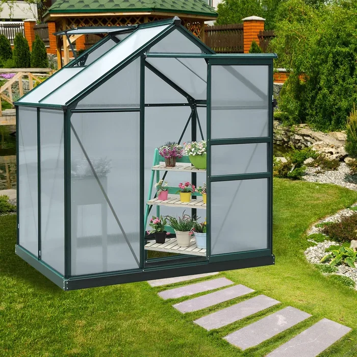 Outsunny Clear Polycarbonate Greenhouse Large Walk-In Green House Garden Plants Grow Galvanized Base Aluminium Frame with Slide Door (6ft x 4ft)