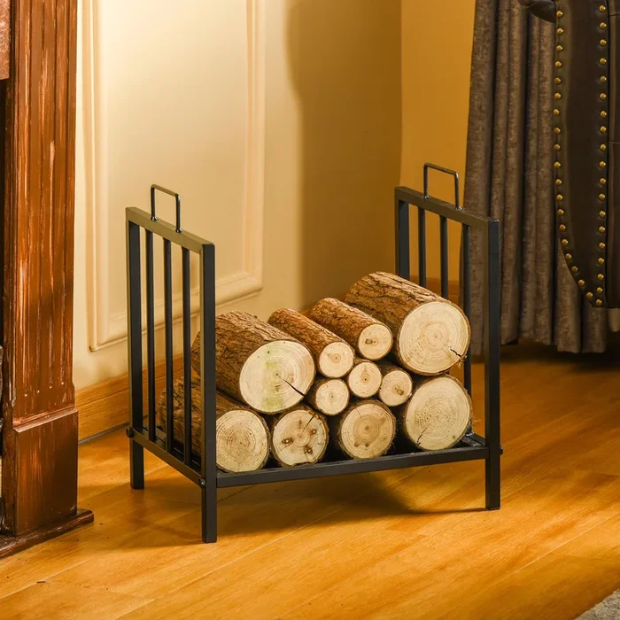 Outsunny Firewood Log Rack Fireplace Log Holder Wood Storage Rack with 2 Handles, for Outdoor and Indoor Use, 42 x 32.5 x 46cm, Black