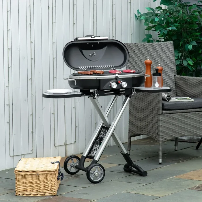 Outsunny Foldable Gas BBQ Grill 2 Burner Garden Barbecue Trolley with Lid Side Shelves Storage Pocket Piezo Ignition Thermometer, Aluminium Alloy