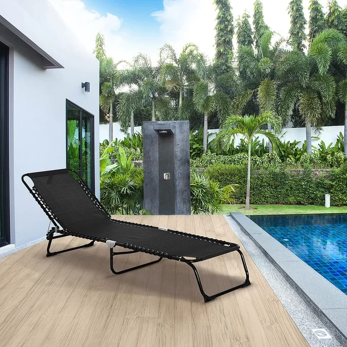 Outsunny Folding Garden Lounger with 4 Position Adjustable Back &100% PVC fabric, Garden Reclining Cot Camping Hiking Recliner, 197L x 58W x 78H, Black