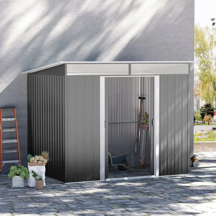 Outsunny Garden Metal Storage Shed House Hut Gardening Tool Storage with Tilted Roof and Ventilation 9 x 6ft, Grey