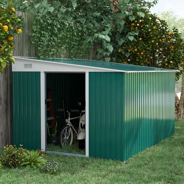 Outsunny Garden Metal Storage Shed Outdoor Metal Tool House with Double Sliding Doors and 2 Air Vents, 11.3×9.2ft, Green