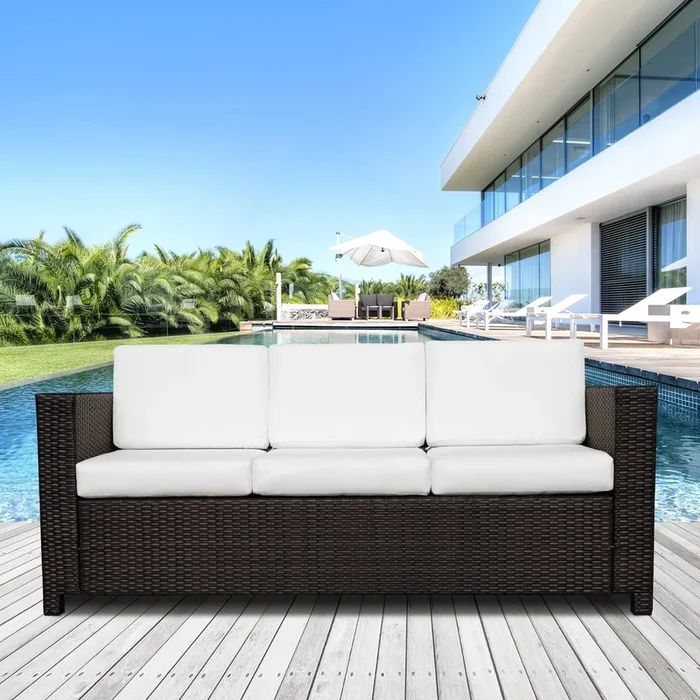 Outsunny Garden Rattan 3 Seater All-Weather Wicker Weave Metal Frame Chair with Fire Resistant Cushion – Brown
