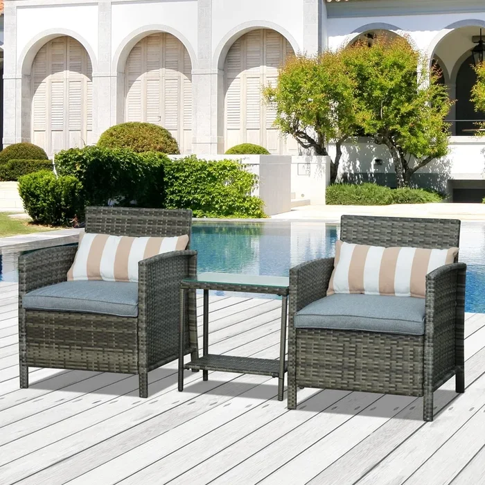 Outsunny Garden Rattan Furniture 3 Pieces Patio Bistro Set Wicker Weave Conservatory Sofa Chair & Table Set with Cushion Pillow – Grey