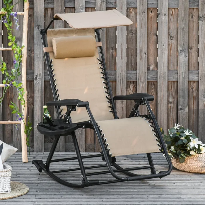 Outsunny Garden Rocking Chair Folding Recliner Outdoor Adjustable Sun Lounger Rocker Zero-Gravity Seat with Headrest Side Holder Patio Deck – Beige