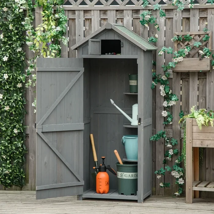 Outsunny Garden Shed Vertical Utility 3 Shelves Shed Wood Outdoor Garden Tool Storage Unit Storage Cabinet, 77 x 54.2 x 179cm – Grey