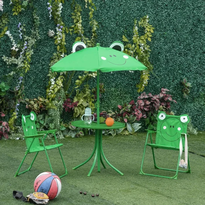 Outsunny Kids Folding Picnic Table and Chair Set Frog Pattern with Removable & Height Adjustable Sun Umbrella, Green