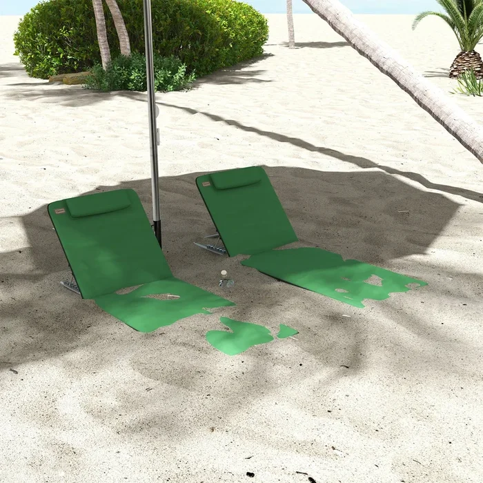 Outsunny Metal Frame PE Fabric 2 Pieces Outdoor Beach Reclining Chair Set with Pillow Green