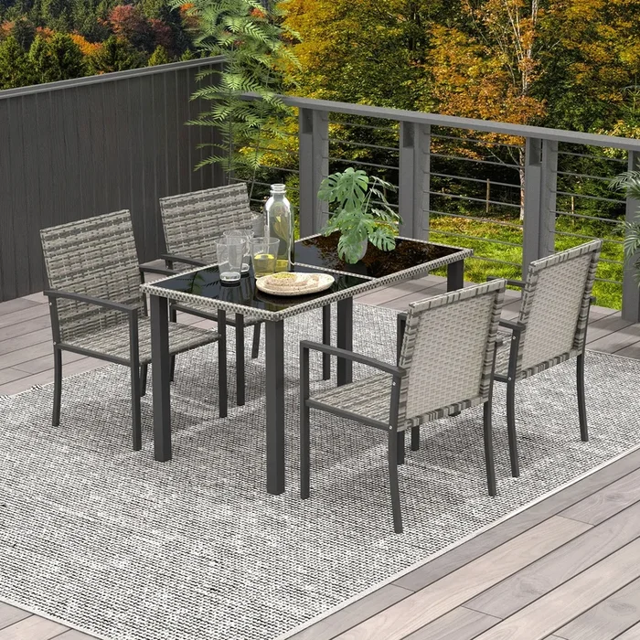 Outsunny Outdoor Dining Set 5 Pieces Patio Conservatory with Tempered Glass Tabletop,4 Dining Chairs – Mixed Grey