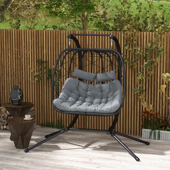 Outsunny Outdoor PE Rattan Double-seater Swing Chair with Thick Padded Cushion, Patio Hanging Chair for Two with Metal Stand, Headrest, for Indoor and Outdoor, Black