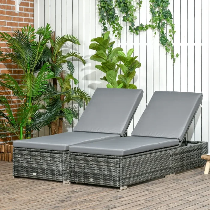 Outsunny PE Rattan Sun Loungers set of 2 with Cushion, 2 Pcs Garden Sunbed Furniture with 5-Level Backrest, Reclining Patio Wicker Bed Chair, Grey