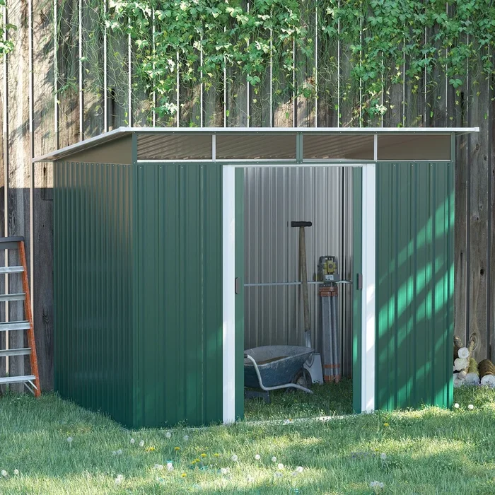 Outsunny Pent Roofed Metal Garden Shed House Hut Gardening Tool Storage with Ventilation 260L x 194W x 200H cm