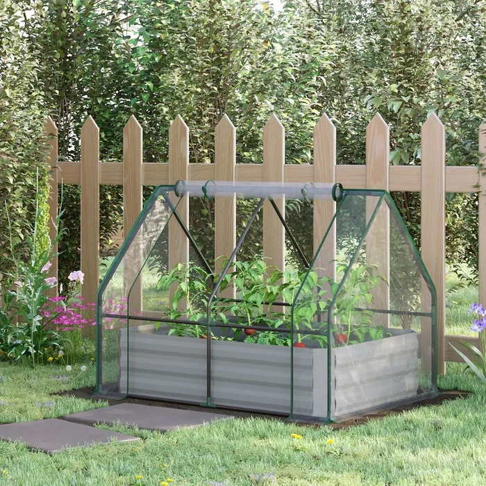 Outsunny Raised Garden Bed with Greenhouse, Steel Planter Box with Plastic Cover, Roll Up Window, Dual Use for Flowers, Vegetables, 127 x 95 x 92cm