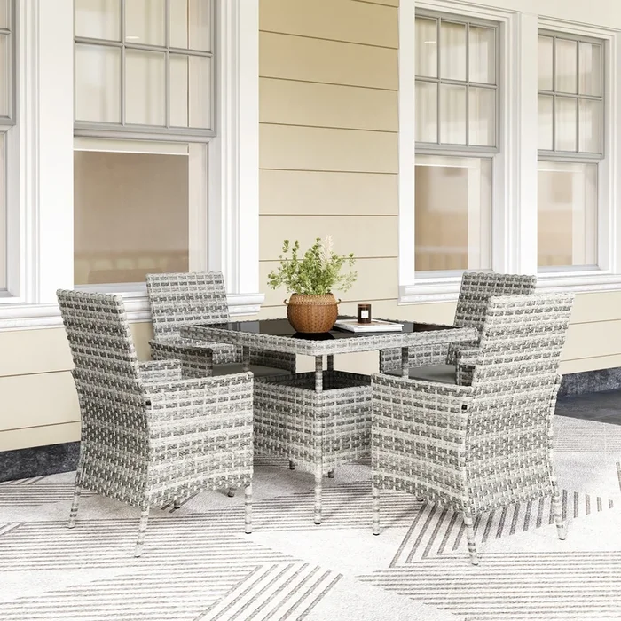 Outsunny Rattan Garden Furniture Set, Outdoor Dining Table and Chairs 4 Seater with Cushions, Square Tempered Glass Top, 4 Armchairs, for Balcony, Terrace, Conservatory, Mixed-Grey