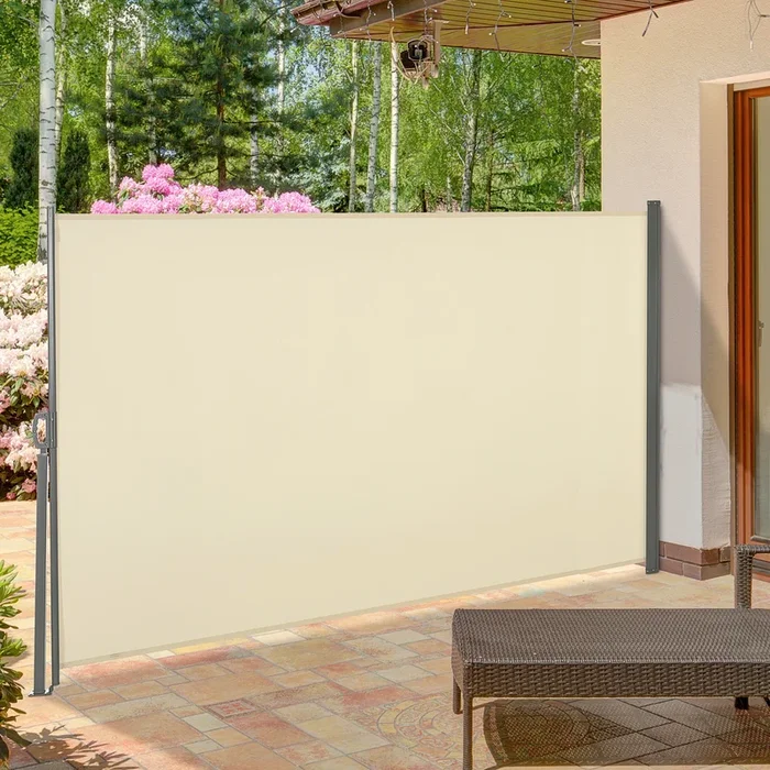 Outsunny Retractable Sun Side Awning Screen Fence Patio Garden Wall Balcony Screening Panel Outdoor Blind Privacy Divider (3×1.6M, Cream White)
