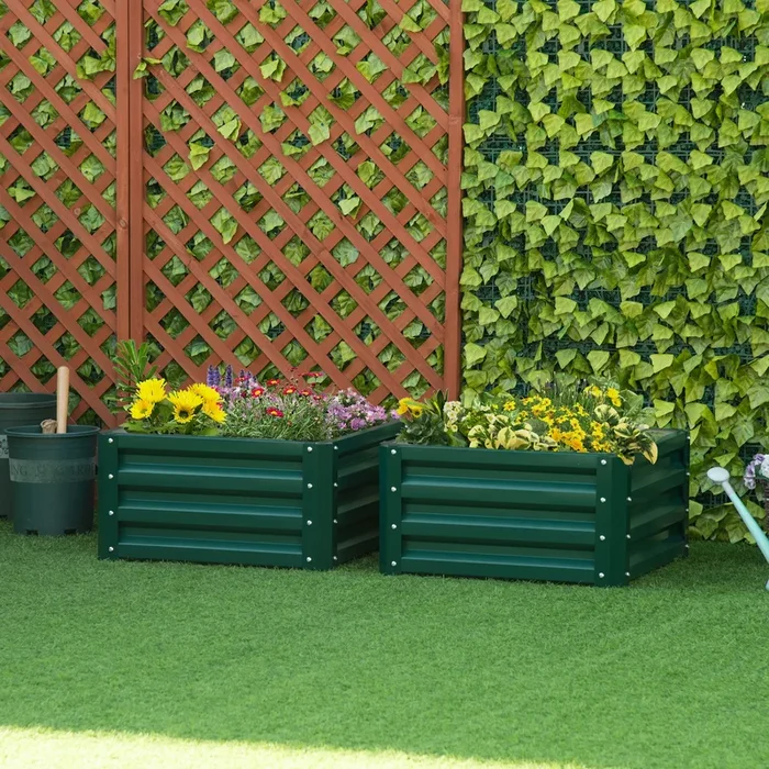Outsunny Set of 2 Raised Garden Bed, Outdoor Elevated Galvanised Planter Box for Flowers, Herbs, 60x60x30.5cm, Green