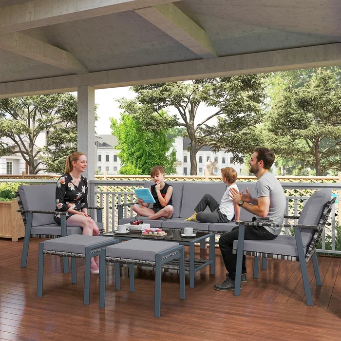 Outsunny Six-Piece Rattan Garden Sofa Set – Grey