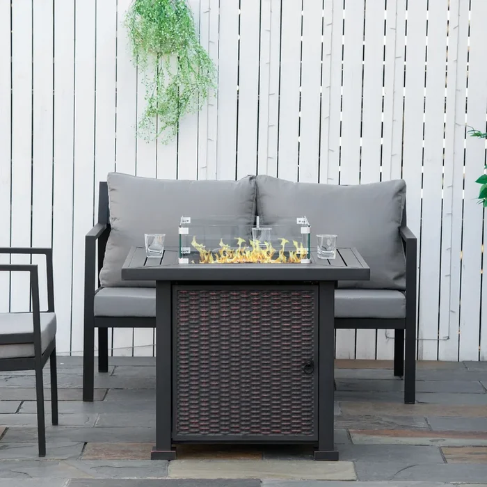 Outsunny Square Propane Gas Fire Pit Table, 50000 BTU Rattan Smokeless Firepit Patio Heater with Glass Screen, Beads and Lid, 82cm x 82cm x 66cm, Black