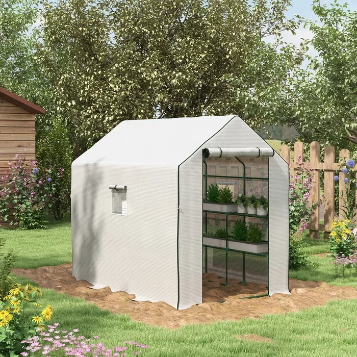 Outsunny Walk-in Greenhouse with 3 Tier Shelves, Green House Garden Grow House with PE Cover, Roll-up Door, Mesh Windows, 140 x 213 x 190cm, White