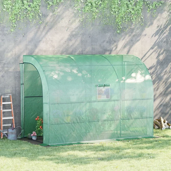 Outsunny Walk-In Lean to Wall Greenhouse with Windows and Doors 2 Tiers 6 Wired Shelves 300L x 150W x 215Hcm Green