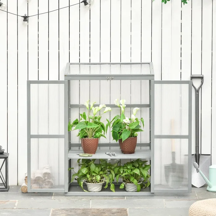 Outsunny Wooden Cold Frame Greenhouse Garden Polycarbonate Grow House with Adjustable Shelf, Double Doors, 76 x 47 x 110 cm, Grey