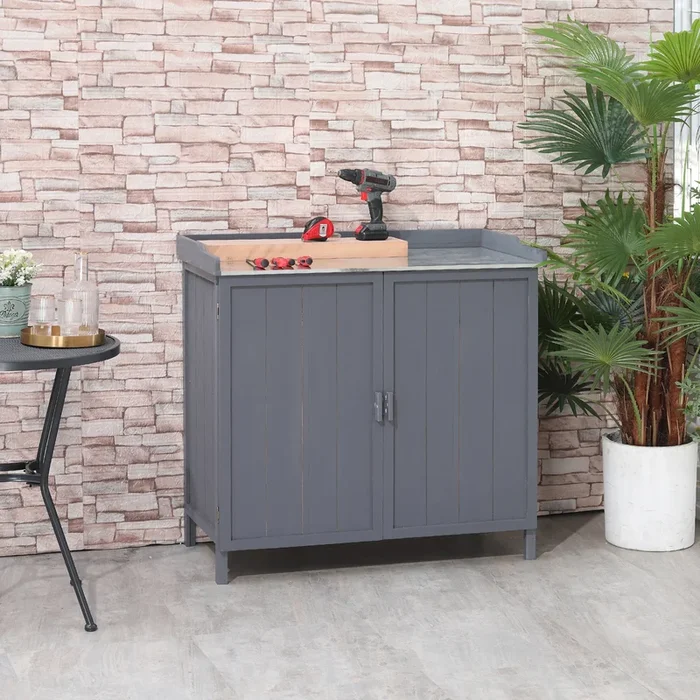 Outsunny Wooden Garden Storage Shed Tool Cabinet Organiser with Potting Bench Table, Two Shelves, 98 x 48 x 95.5 cm, Grey