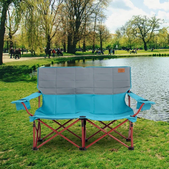 Oversized Camping Chair Folding Camping Couch with Cup Holders-Navy Blue