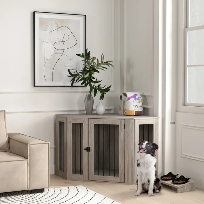 PawHut 2 in 1 Dog Crate Furniture Side Table, with Cushion, 122 x 61 x 71cm – Walnut Brown