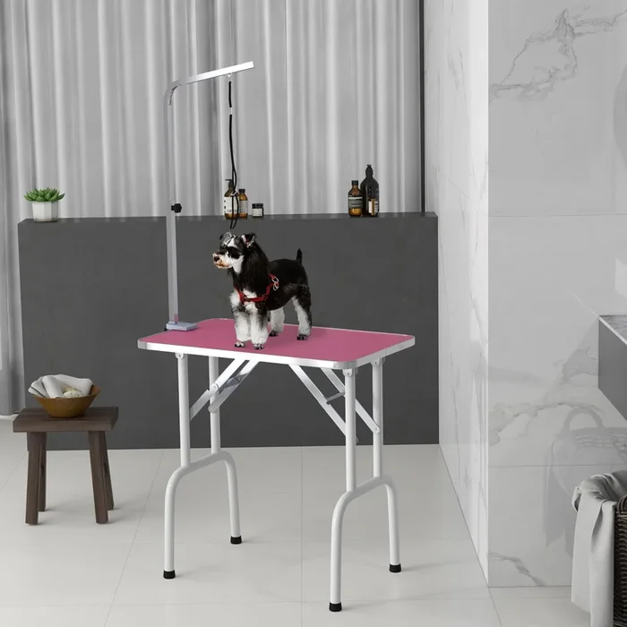 PawHut 32″ Foldable Dog Grooming Table Pet Drying Beauty Table Adjustable Fixed Arm Rubber Top, Pink