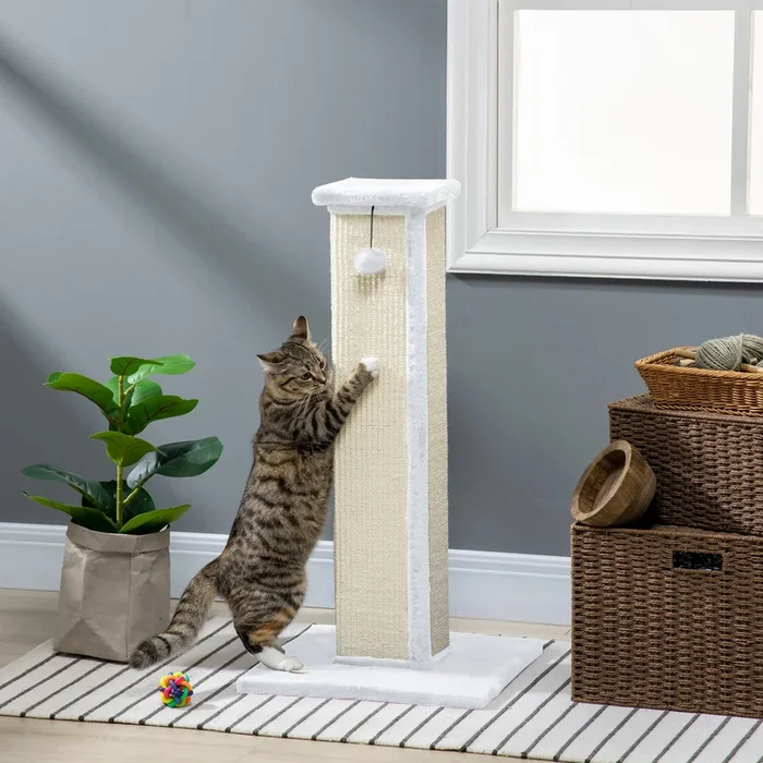 PawHut 81cm Cat Scratcher, Vertical Full Scratcher w/ Natural Sisal Rope, Hanging Ball, Soft Plush – White