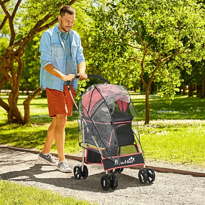 PawHut Detachable Pet Stroller with Rain Cover, 3 In 1 Cat Dog Pushchair, Foldable Carrying Bag w/ Universal Wheels, Brake, Canopy, Basket, Storage Bag for Small and Tiny Dogs – Red