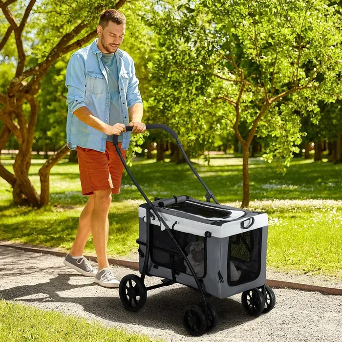 PawHut Foldable Dog Stroller, Pet Travel Crate, with Detachable Carrier, Soft Padding, for Mini, Small Dogs – Grey
