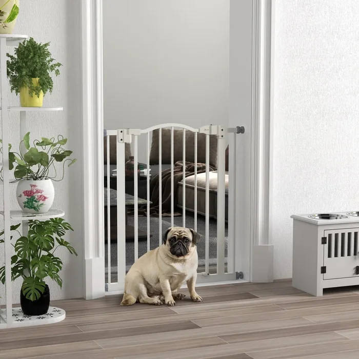 PawHut Metal 74-80cm Adjustable Pet Gate Safety Barrier with Auto-Close Door White