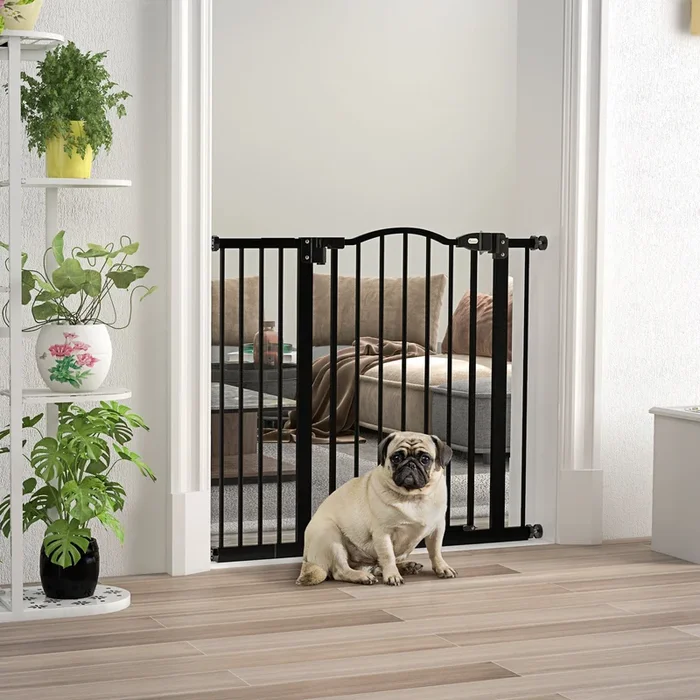 PawHut Metal 74-94cm Adjustable Pet Gate Safety Barrier with Auto-Close Door Black