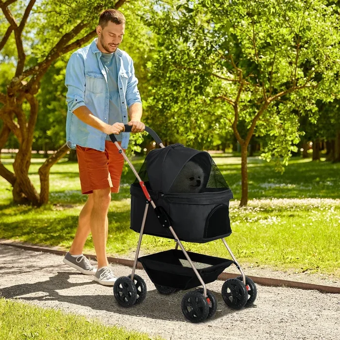 PawHut PawH 3-in-1 Pet Stroller, Folding 4 Wheel Dog Pram with Detachable Carrier for Mini Dogs, Cats, Black