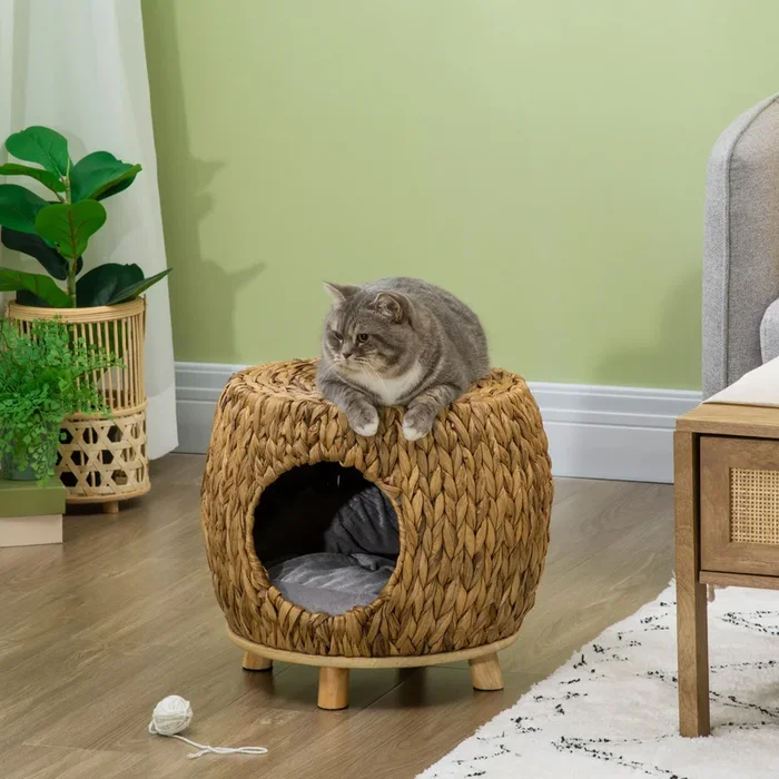 PawHut Wicker Cat Cave/House Stool with Soft Washable Cushion,Rattan Kitten Bed for Outdoor & Indoor Use 44 x 43 x 41cm