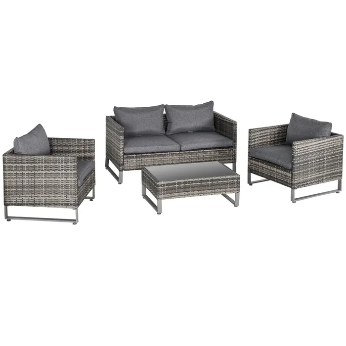 PE Rattan 4-Person Patio Dining Set – Outdoor Wicker Furniture with Glass-Top Table & Cushions – Elegant Deep Grey Garden Seating Solution