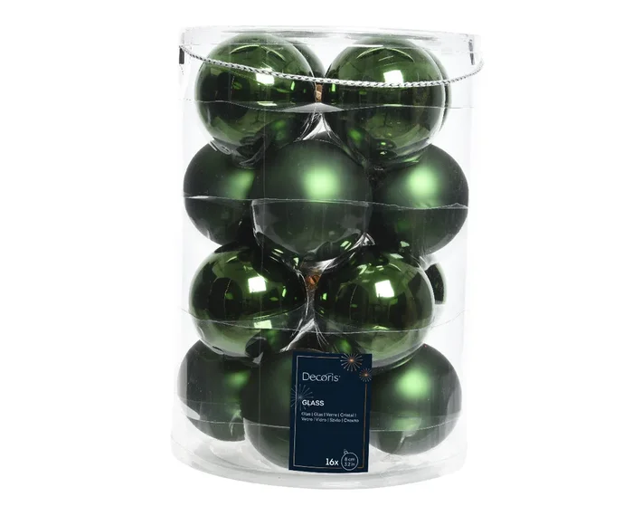Pine Green 8cm Glass Baubles in Matt & Shiny Finish – Tube of 16